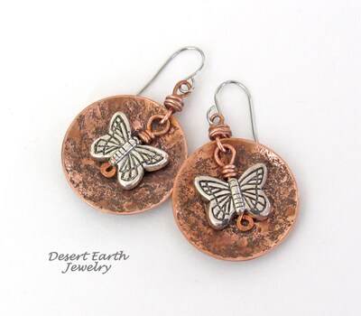 Round Copper Dangle Earrings with Silver Tone Butterflies - Earthy Nature Jewelry Gifts for Women and Teen Girls - image4